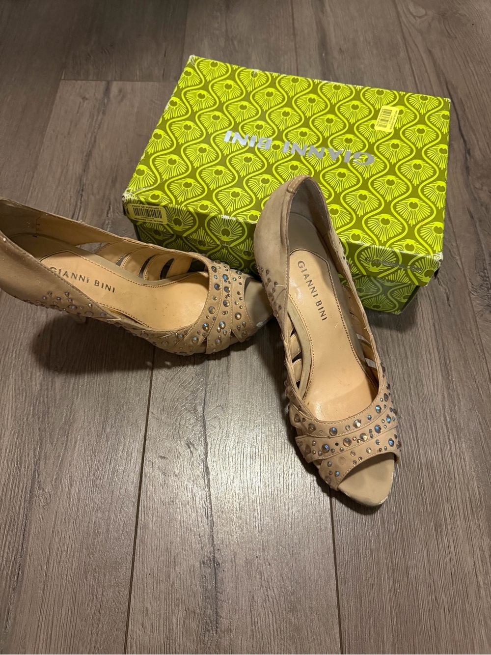 Gianni Bini Beige Studded Peep-Toe Heels